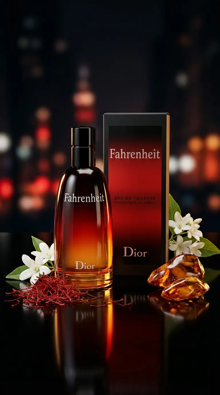 Fahrenheit cologne bottle against dark background
