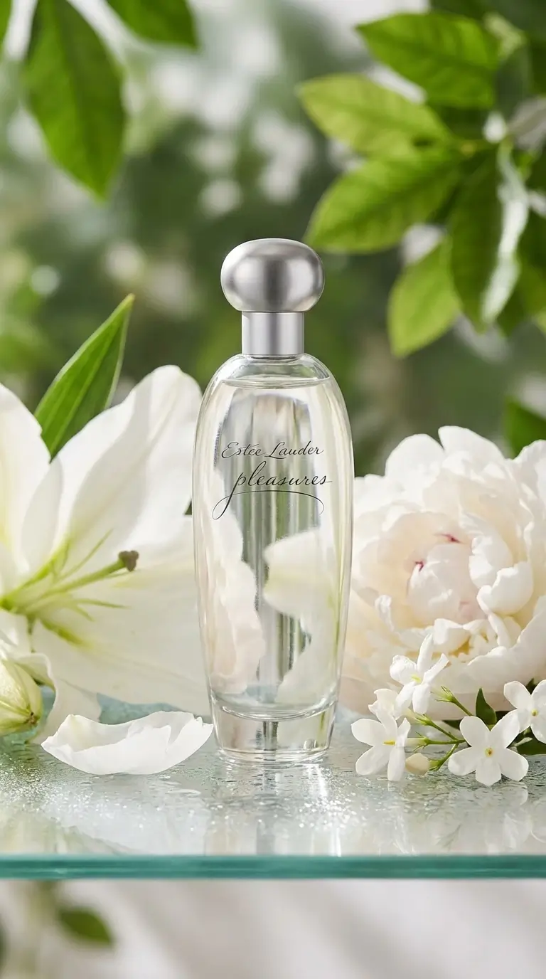 Estée Lauder Pleasures Perfume Floral Eau de Parfum 2 Bottle of Estée Lauder Pleasures perfume with floral background